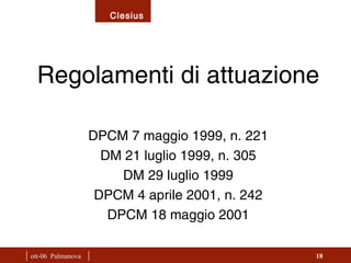 |  ott-06  Palmanova  | Regolamenti di attuazione DPCM 7 maggio 1999, n. 221 DM 21 luglio 1999, n. 305 DM 29 luglio 1999 DPCM 4 aprile 2001, n. 242 DPCM 18 maggio 2001 