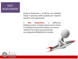 FAST
ASSESSMENT
Percorso finalizzato a verificare con modalità
veloce il possesso delle capacità per ricoprire
specifici ruoli organizzativi.
Il Fast Assessment, a differenza
dell’Assessment completo (Assessment Center
o Individual Assessment) utilizza un numero
ridotto di strumenti, pur garantendo
una adeguata affidabilità nei risultati.
 