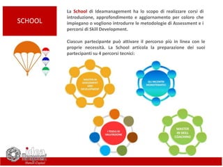 La School di Ideamanagement ha lo scopo di realizzare corsi di
introduzione, approfondimento e aggiornamento per coloro che
impiegano o vogliono introdurre le metodologie di Assessment e i
percorsi di Skill Development.
Ciascun partecipante può attivare il percorso più in linea con le
proprie necessità. La School articola la preparazione dei suoi
partecipanti su 4 percorsi tecnici:
SCHOOL
 