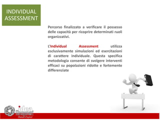 Percorso finalizzato a verificare il possesso
delle capacità per ricoprire determinati ruoli
organizzativi.
L’Individual Assessment utilizza
esclusivamente simulazioni ed esercitazioni
di carattere individuale. Questa specifica
metodologia consente di svolgere interventi
efficaci su popolazioni ridotte e fortemente
differenziate
INDIVIDUAL
ASSESSMENT
 