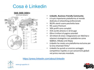 www.gruppolen.it
Cosa è Linkedin
3
• LinkedIn, Business Friendly Community
• è la più importante piattaforma al mondo
dedicata al networking professionale
• 90,9% utenti usano pacchetto base
• 9% usano Premium
• 50% profili sono completi
• 41% iscritti almeno in 10 Gruppi
• Oltre 4 milioni di pagine aziendali
• 10 milioni di cinesi: Integrazione con WeChat e
relazioni strategiche con piattaforme come
QQMail, Alibaba and Alipay
• Linkedin ha creato una piattaforma esclusiva per
la Cina chiamata“Chitu”
• Linkedin ha quindi un enorme vantaggio
competitivo rispetto ai suoi concorrenti globali
nel primo mercato mondiale.
https://press.linkedin.com/about-linkedin
 