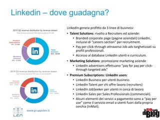 www.gruppolen.it
Linkedin – dove guadagna?
LinkedIn genera profitto da 3 linee di business:
• Talent Solutions: rivolto a Recruiters ed aziende:
• Branded corporate page (pagine aziendali) LinkedIn,
inclusivi di “careers section” per recruitment.
• Pay per click-through attraverso Job ads targhetizzati su
profili professionali.
• Accesso al database LinkedIn utenti e curriculum.
• Marketing Solutions: promozione marketing aziende
• LinkedIn advertisers effettuano “pay for pay per click-
through targeted ads”
• Premium Subscriptions: LinkedIn users:
• LinkedIn Business per utenti business
• LinkedIn Talent per chi offre lavoro (recruiters)
• LinkedIn JobSeeker per utenti in cerca di lavoro
• LinkedIn Sales per Sales Professionals (commerciali).
• Alcuni elementi dei servizi a pagamento sono a “pay per
use” come il servizio email a utenti fuori dalla propria
cerchia (InMail).
 