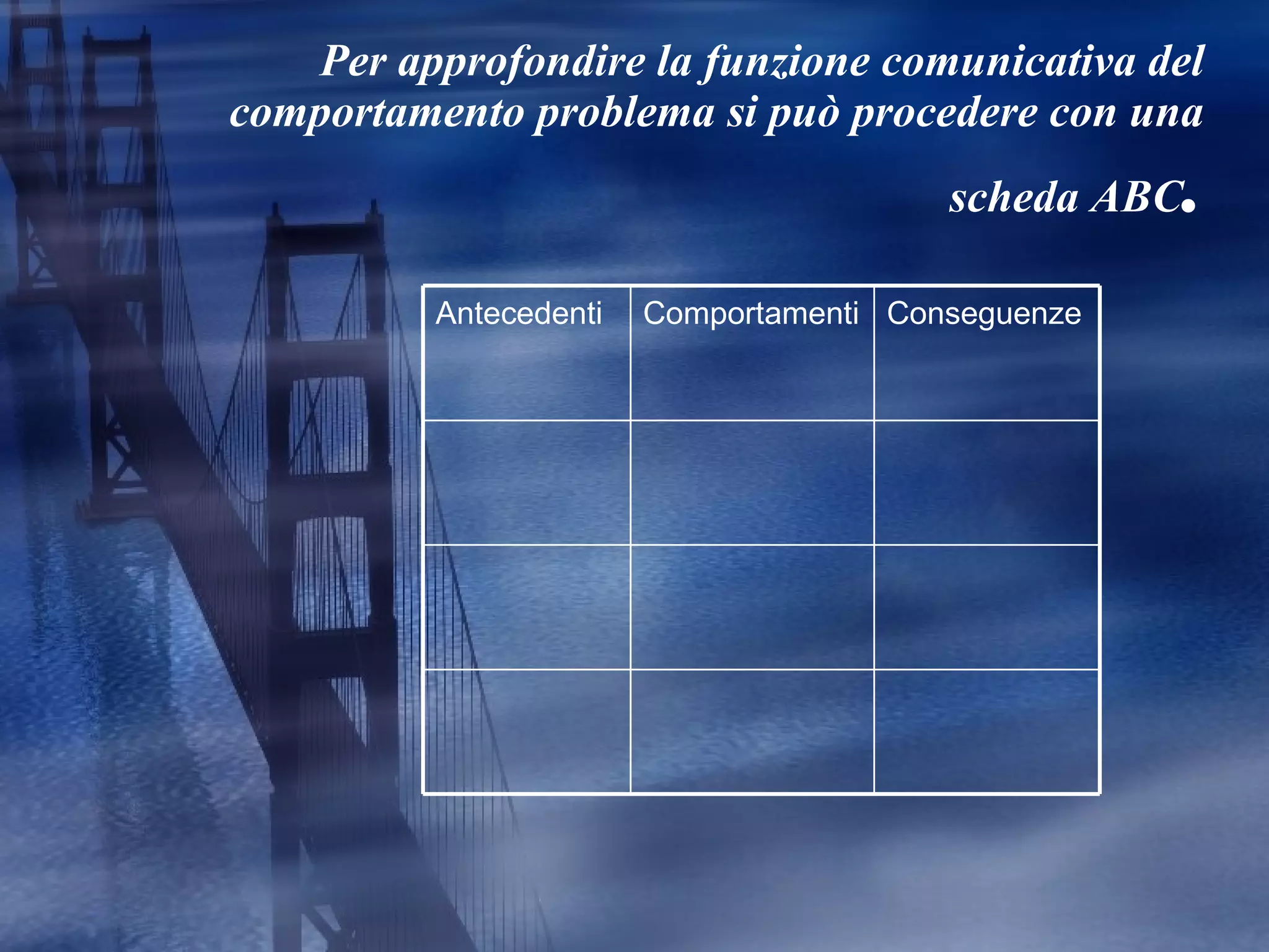 Per approfondire la funzione comunicativa del comportamento problema si può procedere con una scheda ABC . Conseguenze Comportamenti Antecedenti 