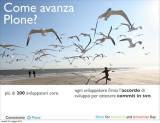Come avanza
  Plone?




                                   ogni sviluppatore ﬁrma l’accordo di
   più di 200 sviluppatori core.
                                   sviluppo per ottenere commit in svn.



    Conosciamo                              Plone for Research and University Day
venerdì 21 maggio 2010
 