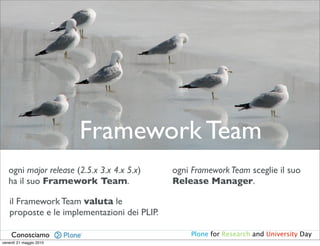 Framework Team
   ogni major release (2.5.x 3.x 4.x 5.x)    ogni Framework Team sceglie il suo
   ha il suo Framework Team.                 Release Manager.

   il Framework Team valuta le
   proposte e le implementazioni dei PLIP.

    Conosciamo                                   Plone for Research and University Day
venerdì 21 maggio 2010
 