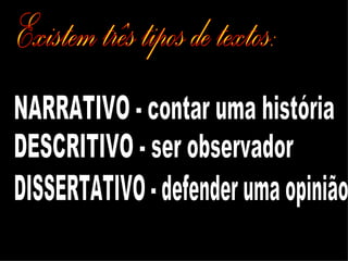 Existem três tipos de textos: NARRATIVO - contar uma história DESCRITIVO - ser observador DISSERTATIVO - defender uma opinião  