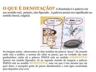O QUE É DENOTAÇÃO? A denotação é a palavra em
seu sentido real, próprio, não-figurado. A palavra possui seu significado no
sentido literal, original.
Na imagem acima , observamos os dois sentidos da palavra “pneu”. Na metade
onde está a mulher, a mesma diz odiar os pneus, que na verdade são suas
gordurinhas; então ali a palavra PNEUS está no sentido CONOTATIVO
(possui um sentido figurado). Já na segunda metade da imagem a palavra
PNEUS está no sentido DENOTATIVO, uma vez que é isto mesmo que ela
quer dizer, o mosquito gosta de pneus abandonados e com água acumulada
para depositar seus ovos.
 