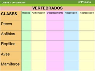 Unidad 2: Los Animales                                              5º Primaria

                           VERTEBRADOS
                   Rasgos Alimentación Desplazamiento Respiración    Reproducción
CLASES

Peces

Anfibios

Reptiles

Aves

Mamíferos                                                                49
 