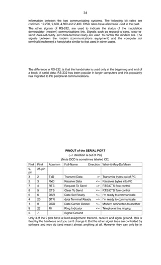 information between the two communicating systems. The following bit rates are
common: 19,200, 9,600, 4,800 and 2,400. Other rates have also been used in the past.
The other signals of RS-282, are used to indicate the status of the modulation
demodulator (modem) communications link. Signals such as request-to-send, clear-to-
send, data-set-ready, and data-terminal ready are used to control the modem link. The
signals between the modem (communications equipment) and the computer (or
terminal) implement a handshake similar to that used in other buses.
The difference in RS-232, is that the handshake is used only at the beginning and end of
a block of serial data. RS-232 has been popular in larger computers and this popularity
has migrated to PC peripheral communications.
PINOUT of the SERIAL PORT
(--> direction is out of PC)
(Note DCD is sometimes labeled CD)
Pin# Pin# Acronym Full-Name Direction What-it-May-Do/Mean
9-
pin
25-pin
3 2 TxD Transmit Data -> Transmits bytes out of PC
2 3 RxD Receive Data <-- Receives bytes into PC
7 4 RTS Request To Send --> RTS/CTS flow control
8 5 CTS Clear To Send <-- RTS/CTS flow control
6 6 DSR Data Set Ready <-- I'm ready to communicate
4 20 DTR data Terminal Ready --> I’m ready to communicate
1 8 DCD Data Carrier Deteet <-- Modem connected-to another
9 22 RI Ring Indicator <-- Telephone line ringing
5 7 Signal Ground
Only 3 of the 9 pins have a fixed assignment: transmit, receive and signal ground. This is
fixed by the hardware and you can't change it. But the other signal lines are controlled by
software and may do (and mean) almost anything at all. However they can only be in
34
 