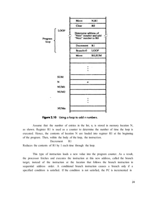 24
Assume that the number of entries in the list, n, is stored in memory location N,
as shown. Register R1 is used as a counter to determine the number of time the loop is
executed. Hence, the contents of location N are loaded into register R1 at the beginning
of the program. Then, within the body of the loop, the instruction.
Decrement R1
Reduces the contents of R1 by 1 each time through the loop.
This type of instruction loads a new value into the program counter. As a result,
the processor fetches and executes the instruction at this new address, called the branch
target, instead of the instruction at the location that follows the branch instruction in
sequential address order. A conditional branch instruction causes a branch only if a
specified condition is satisfied. If the condition is not satisfied, the PC is incremented in
 