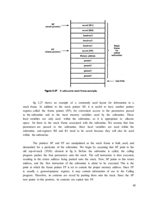 42
fig 2.27 shows an example of a commonly used layout for information in a
stack frame. In addition to the stack pointer SP, it is useful to have another pointer
register, called the frame pointer (FP), for convenient access to the parameters passed
to the subroutine and to the local memory variables used by the subroutine. These
local variables are only used within the subroutine, so it is appropriate to allocate
space for them in the stack frame associated with the subroutine. We assume that four
parameters are passed to the subroutine, three local variables are used within the
subroutine, and registers R0 and R1 need to be saved because they will also be used
within the subroutine.
The pointers SP and FP are manipulated as the stack frame is built, used, and
dismantled for a particular of the subroutine. We begin by assuming that SP point to the
old top-of-stack (TOS) element in fig b. Before the subroutine is called, the calling
program pushes the four parameters onto the stack. The call instruction is then executed,
resulting in the return address being pushed onto the stack. Now, SP points to this return
address, and the first instruction of the subroutine is about to be executed. This is the
point at which the frame pointer FP is set to contain the proper memory address. Since FP
is usually a general-purpose register, it may contain information of use to the Calling
program. Therefore, its contents are saved by pushing them onto the stack. Since the SP
now points to this position, its contents are copied into FP.
 