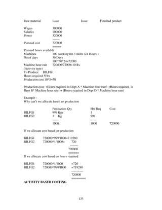 Raw material           Issue                    Issue         Finished product

Wages                 300000
Salaries              100000
Power                 320000
                      -------
Planned cost          720000
                      =====
Planned hours available
Machines              100 working for 3 shifts (24 Hours )
No.of days            30 Days
                      100*30*24=72000
Machine hour rate     720000/72000=10 Rs
(Activity type)
To Produce BILFG1
Hours required 5Hrs
Production cost 10*5=50

Production cost : (Hours required in Dept A * Machine hour rate)+(Hours required in
Dept B* Machine hour rate )+ (Hours required in Dept D * Machine hour rate)

Example :
Why can’t we allocate based on production

                       Production Qty                   Hrs Req      Cost
BILFG1                 999 Kgs                          1
BILFG2                 1 Kg                             999
                       ------                           -----
                       1000                             1000         720000

If we allocate cost based on production

BILFG1          720000*999/1000=719280
BILFG2          720000*1/1000=         720
                                     --------
                                    720000
                                    ======
If we allocate cost based on hours required

BILFG1         720000*1/1000          =720
BILFG2         720000*999/1000        =719280
                                      -----------
                                      720000
                                      ========
ACTIVITY BASED COSTING




                                            133
 