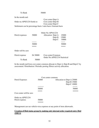 To Bank                     50000

In the month end:
                                      Cost center Dept A
Order no.AP9Z1234 Settle to           Cost center Dept B
                                      Cost center Dept C
Settlement can be percentage basis / ratio basis /Amount basis


                                    Order No AP9A1234
Petrol expenses       50000           Allocation Dept A      25000
                                                 Dept B      15000
                                                 Dept C      10000
                      -------                                ------
                      50000                                  50000
                      ====                                   ====

Order will be zero

Petrol expense        Dr 50000          Cost center:Common
                                        Order No.AP9Z1234 Statistical
       To Bank             50000

In the month end from cost center common allocate to Dept A, Dept B and Dept C by
assessment / Distribution / Periodic posting /Direct activity allocation.




                                      Cost center common
Petrol Expenses                 50000                 Allocation to Dept A 25000
                                                                    Dept B 15000
                                                                    Dept C 10000
                                ---------                                   -------
                                50000                                       50000
                                ====                                        =====
Cost center will be zero

Order no.AP9Z1234
Petrol expense                  50000
                                =====

Management can see vehicle wise expenses at any point of item afterwards.

Creation of filed status group by making only internal order required entry filed
(OBC4)



                                             52
 