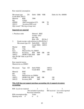 Raw material consumption

Movement type        201    Debit GBB VBR                  Debit A/c No. 400000
Credit BSX 200121
Material      RM1           3000
Qty           10 Kgs
400000         RM Consumption LCL     DR  50
200121         Inventory RM Local         50
(Qty issued * Moving average rate)

Imported raw material

1. Purchase order             Material -RM2
                              Vendor -4567
                              Qty-1Kg
                              Rate -100     PO No.2
2.      Goods receipt- with reference to PO-PO No.2
        Movement type:101 Debit BSX         200122
                              Credit WRX 100521
Martial       RM2             3001
Qty           1 Kg
Save          Material Doc No.200003
200122-       Inventory       RM IMP DR            100
100521        GR/IR CLRG RM IMP                    100
(Qty IN GR* Bate as per P.O)
1*100

Raw material returns
Material doc no.200003

Movement      Type 102      Debit WRX             100521
                            Credit BSX            100122
Material      RM2                          3001
Qty           1 Kg
Save          Material doc no.200004
100521        GR/IR CLR RM         IMP     DR              100
200122        Inventory RM         IMP                     100

Why SAP does not support purchase accounting why it supports inventory
accounting:

RM –Local raw material             1              2                     3
                    Not included in purchase      Bill received Less stock reported
                    Provision statement                         by stores
RM consumption=Qty         Value
Opening stock  0           0       0                       0



                                          82
 