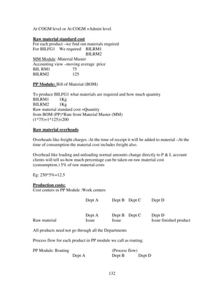 132
At COGM level or At COGM +Admin level
Raw material standard cost
For each product –we find out materials required
For BILFG1 We required BILRM1
BILRM2
MM Module :Material Master
Accounting view –moving average price
BIL RM1 75
BILRM2 125
PP Module: Bill of Material (BOM)
To produce BILFG1 what materials are required and how much quantity
BILRM1 1Kg
BILRM2 1Kg
Raw material standard cost =Quantity
from BOM (PP)*Rate from Material Master (MM)
(1*75)+1*125)=200
Raw material overheads
Overheads like freight charges :At the time of receipt it will be added to material –At the
time of consumption the material cost includes freight also.
Overhead like loading and unloading normal amounts change directly to P & L account
clients will tell us-how much percentage can be taken on raw material cost
(consumption.) 5% of raw material costs
Eg: 250*5%=12.5
Production costs:
Cost centers in PP Module :Work centers
Dept A Dept B Dept C Dept D
Dept A Dept B Dept C Dept D
Raw material Issue Issue Issue finished product
All products need not go through all the Departments
Process flow for each product in PP module we call as routing.
PP Module: Routing (Process flow)
Dept A Dept B Dept D
 
