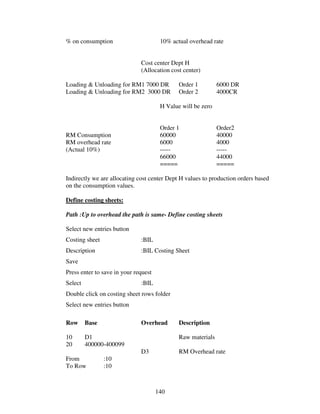 140
% on consumption 10% actual overhead rate
Cost center Dept H
(Allocation cost center)
Loading & Unloading for RM1 7000 DR Order 1 6000 DR
Loading & Unloading for RM2 3000 DR Order 2 4000CR
H Value will be zero
Order 1 Order2
RM Consumption 60000 40000
RM overhead rate 6000 4000
(Actual 10%) ----- -----
66000 44000
===== =====
Indirectly we are allocating cost center Dept H values to production orders based
on the consumption values.
Define costing sheets:
Path :Up to overhead the path is same- Define costing sheets
Select new entries button
Costing sheet :BIL
Description :BIL Costing Sheet
Save
Press enter to save in your request
Select :BIL
Double click on costing sheet rows folder
Select new entries button
Row Base Overhead Description
10 D1 Raw materials
20 400000-400099
D3 RM Overhead rate
From :10
To Row :10
 