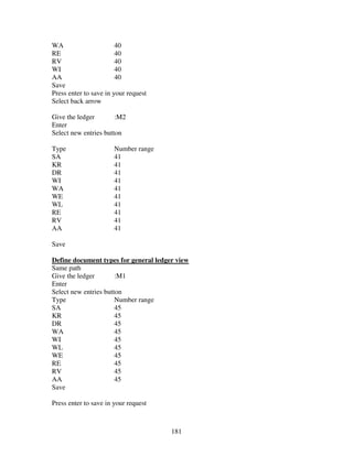 181
WA 40
RE 40
RV 40
WI 40
AA 40
Save
Press enter to save in your request
Select back arrow
Give the ledger :M2
Enter
Select new entries button
Type Number range
SA 41
KR 41
DR 41
WI 41
WA 41
WE 41
WL 41
RE 41
RV 41
AA 41
Save
Define document types for general ledger view
Same path
Give the ledger :M1
Enter
Select new entries button
Type Number range
SA 45
KR 45
DR 45
WA 45
WI 45
WL 45
WE 45
RE 45
RV 45
AA 45
Save
Press enter to save in your request
 
