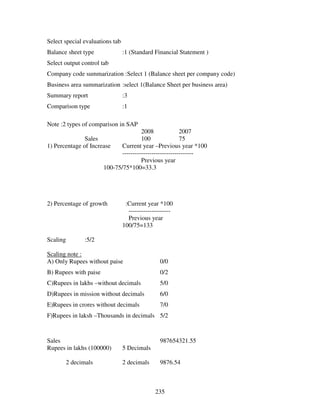 235
Select special evaluations tab
Balance sheet type :1 (Standard Financial Statement )
Select output control tab
Company code summarization :Select 1 (Balance sheet per company code)
Business area summarization :select 1(Balance Sheet per business area)
Summary report :3
Comparison type :1
Note :2 types of comparison in SAP
2008 2007
Sales 100 75
1) Percentage of Increase Current year –Previous year *100
----------------------------------
Previous year
100-75/75*100=33.3
2) Percentage of growth :Current year *100
--------------------
Previous year
100/75=133
Scaling :5/2
Scaling note :
A) Only Rupees without paise 0/0
B) Rupees with paise 0/2
C)Rupees in lakhs –without decimals 5/0
D)Rupees in mission without decimals 6/0
E)Rupees in crores without decimals 7/0
F)Rupees in laksh –Thousands in decimals 5/2
Sales 987654321.55
Rupees in lakhs (100000) 5 Decimals
2 decimals 2 decimals 9876.54
 