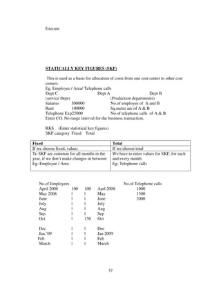 37
Execute
STATICALLY KEY FIGURES (SKF)
This is used as a basis for allocation of costs from one cost center to other cost
centers.
Eg. Employee / Area/ Telephone calls
Dept C Dept A Dept B
(service Dept) (Production departments)
Salaries 500000 No.of employee of A and B
Rent 100000 Sq.meter are of A & B
Telephone Exp25000 No.of telephone calls of A & B
Enter CO. No range interval for the business transaction.
RKS (Enter statistical key figures)
SKF category Fixed Total
Fixed Total
If we choose fixed, values If we choose total
To SKF are common for all months in the
year, if we don’t make changes in between
Eg: Employee / Area
We have to enter values for SKF, for each
and every month
Eg: Telephone calls
No.of Employees No.of Telephone calls
April 2008 100 100 Aprl 2008 1000
May 2008 | | May 1500
June | | June 2000
July | | July
Aug | | Aug
Sep | | Sep
Oct | 150 Oct
Dec | | Dec
Jan.’09 | | Jan 2009
Feb | | Feb
March | | March
 