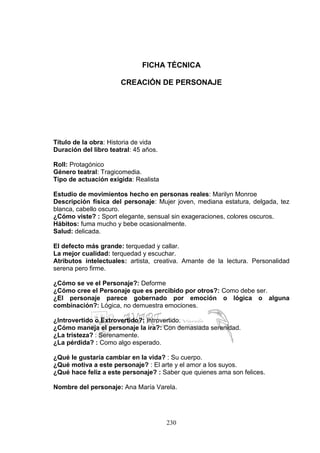 230
FICHA TÉCNICA
CREACIÓN DE PERSONAJE
Título de la obra: Historia de vida
Duración del libro teatral: 45 años.
Roll: Protagónico
Género teatral: Tragicomedia.
Tipo de actuación exigida: Realista
Estudio de movimientos hecho en personas reales: Marilyn Monroe
Descripción física del personaje: Mujer joven, mediana estatura, delgada, tez
blanca, cabello oscuro.
¿Cómo viste? : Sport elegante, sensual sin exageraciones, colores oscuros.
Hábitos: fuma mucho y bebe ocasionalmente.
Salud: delicada.
El defecto más grande: terquedad y callar.
La mejor cualidad: terquedad y escuchar.
Atributos intelectuales: artista, creativa. Amante de la lectura. Personalidad
serena pero firme.
¿Cómo se ve el Personaje?: Deforme
¿Cómo cree el Personaje que es percibido por otros?: Como debe ser.
¿El personaje parece gobernado por emoción o lógica o alguna
combinación?: Lógica, no demuestra emociones.
¿Introvertido o Extrovertido?: Introvertido.
¿Cómo maneja el personaje la ira?: Con demasiada serenidad.
¿La tristeza? : Serenamente.
¿La pérdida? : Como algo esperado.
¿Qué le gustaría cambiar en la vida? : Su cuerpo.
¿Qué motiva a este personaje? : El arte y el amor a los suyos.
¿Qué hace feliz a este personaje? : Saber que quienes ama son felices.
Nombre del personaje: Ana María Varela.
 