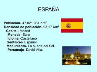 ESPAÑA Población-   47.021.031 Km 2  Densidad de población-  93,17 Km 2  Capital-  Madrid  Moneda-  Euro  Idioma - Castellano  Gentilicio-  Español  Monumento-  La puerta del Sol.  Personaje-   David Villa.  