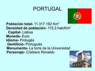 PORTUGAL Población total-  11.317.192 Km 2  Densidad de población-  115,3 hab/Km 2  Capital-  Lisboa  Moneda-  Euro  I dioma-  Protugés Gentilicio-  Portugués  Monumento-  La torre de la Universidad  Personaje-  Cristiano Ronaldo  
