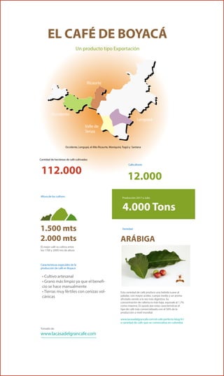 Cantidad de hectáreas de café cultivadas:
Altura de los cultivos
Producción 2017 a Julio
Variedad
Caficultores
112.000
1.500 mts
2.000 mts
Occidente, Lengupá, el Alto Ricaurte, Moniquirá, Togüí y Santana
Un producto tipo Exportación
EL CAFÉ DE BOYACÁ
Lengupá
Valle de
Tenza
Ricaurte
Occidente
ARÁBIGA
El mejor café se cultiva entre
los 1700 y 2000 mts de altura
Características especiales de la
producción de café en Boyacá
• Cultivo artesanal
• Grano más limpio ya que el benefi-
cio se hace manualmente
• Tierras muy fértiles con cenizas vol-
cánicas
Esta variedad de café produce una bebida suave al
paladar, con mayor acidez, cuerpo medio y un aroma
afrutado siendo a la vez más digestiva. Su
concentración de cafeína es más baja, equivale al 1.7%
como máximo. Es quizás por estas características el
tipo de café más comercializado con el 56% de la
producción a nivel mundial.
www.lacasadelgrancafe.com/el-cafe-perfecto-blog/4-l
a-variedad-de-cafe-que-se-comercializa-en-colombia
Tomado de:
www.lacasadelgrancafe.com
12.000
4.000 Tons
 