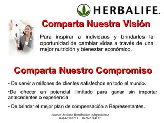 Comparta Nuestra Visión Para inspirar a individuos y brindarles la oportunidad de cambiar vidas a través de una mejor nutrición y bienestar económico. Comparta Nuestro Compromiso De servir a millones de clientes satisfechos en todo el mundo. De ofrecer un potencial ilimitado para ganar sin importar antecedentes o experiencia. De brindar el mejor plan de compensación a Representantes. Juanser Arellano Distribuidor Independiente 0414-7582233  0426-5714172 