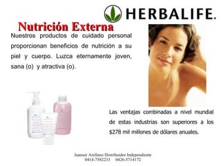 Nutrición Externa Nuestros productos de cuidado personal proporcionan beneficios de nutrición a su piel y cuerpo. Luzca eternamente joven, sana (o)  y atractiva (o). Las ventajas combinadas a nivel mundial de estas industrias son superiores a los $278 mil millones de dólares anuales. Juanser Arellano Distribuidor Independiente 0414-7582233  0426-5714172 