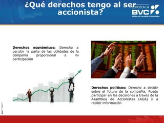¿Qué derechos tengo al ser
accionista?
Derechos políticos: Derecho a decidir
sobre el futuro de la compañía. Puedo
participar en las decisiones a través de la
Asamblea de Accionistas (AGA) y a
recibir información
Derechos económicos: Derecho a
percibir la parte de las utilidades de la
compañía proporcional a mi
participación
 