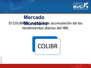 Mercado
MonetarioEl COLIBR es un índice de acumulación de los
rendimientos diarios del IBR.
COLIBR
 