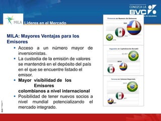 Líderes en el Mercado
Regional
 Acceso a un número mayor de
inversionistas.
 La custodia de la emisión de valores
se mantendrá en el depósito del país
en el que se encuentre listado el
emisor.
 Mayor visibilidad de los
Emisores
colombianos a nivel internacional
 Posibilidad de tener nuevos socios a
nivel mundial potencializando el
mercado integrado.
MILA: Mayores Ventajas para los
Emisores
 
