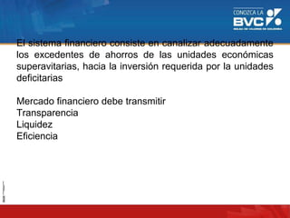 El sistema financiero consiste en canalizar adecuadamente
los excedentes de ahorros de las unidades económicas
superavitarias, hacia la inversión requerida por la unidades
deficitarias
Mercado financiero debe transmitir
Transparencia
Liquidez
Eficiencia
 