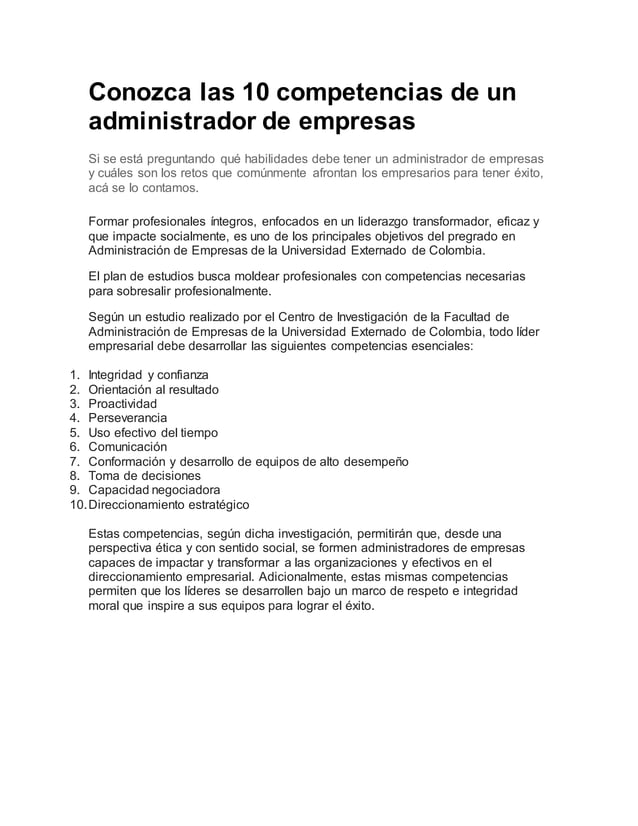 Conozca las 10 competencias de un administrador de empresas PDF