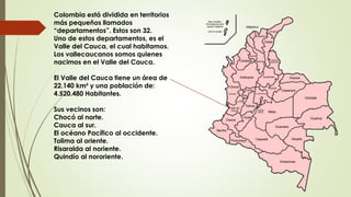 Colombia está dividida en territorios
más pequeños llamados
“departamentos”. Estos son 32.
Uno de estos departamentos, es el
Valle del Cauca, el cual habitamos.
Los vallecaucanos somos quienes
nacimos en el Valle del Cauca.
El Valle del Cauca tiene un área de
22.140 km² y una población de:
4.520.480 Habitantes.
Sus vecinos son:
Chocó al norte.
Cauca al sur.
El océano Pacífico al occidente.
Tolima al oriente.
Risaralda al noriente.
Quindío al nororiente.
 