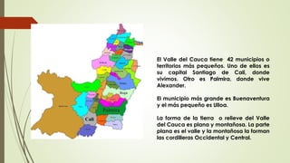 El Valle del Cauca tiene 42 municipios o
territorios más pequeños. Uno de ellos es
su capital Santiago de Cali, donde
vivimos. Otro es Palmira, donde vive
Alexander.
El municipio más grande es Buenaventura
y el más pequeño es Ulloa.
La forma de la tierra o relieve del Valle
del Cauca es plana y montañosa. La parte
plana es el valle y la montañosa la forman
las cordilleras Occidental y Central.
 