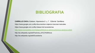 BIBLIOGRAFIA
CARRILLO CHICA, Esteban. Hipertextos 6 y 7 . Editorial Santillana
https://www.google.com.co/#q=documentos+viajeros+ciencias+naturales
https://www.google.com.co/#q=clases+de+ecosistemas
http://www.monografias.com/trabajos29/bioticos-abioticos/bioticos-abioticos.shtml

http://es.wikipedia.org/wiki/Factores_bi%C3%B3ticos
http://es.wikipedia.org/wiki/Ecosistema

 