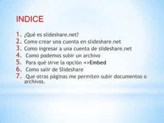 INDICE
1. ¿Qué es slideshare.net?
2. Como crear una cuenta en slideshare.net
3. Como ingresar a una cuenta de slideshare.net
4. Como podemos subir un archivo
5. Para qué sirve la opción <>Embed
6. Como salir de Slideshare
7. Que otras páginas me permiten subir documentos o
archivos.
 