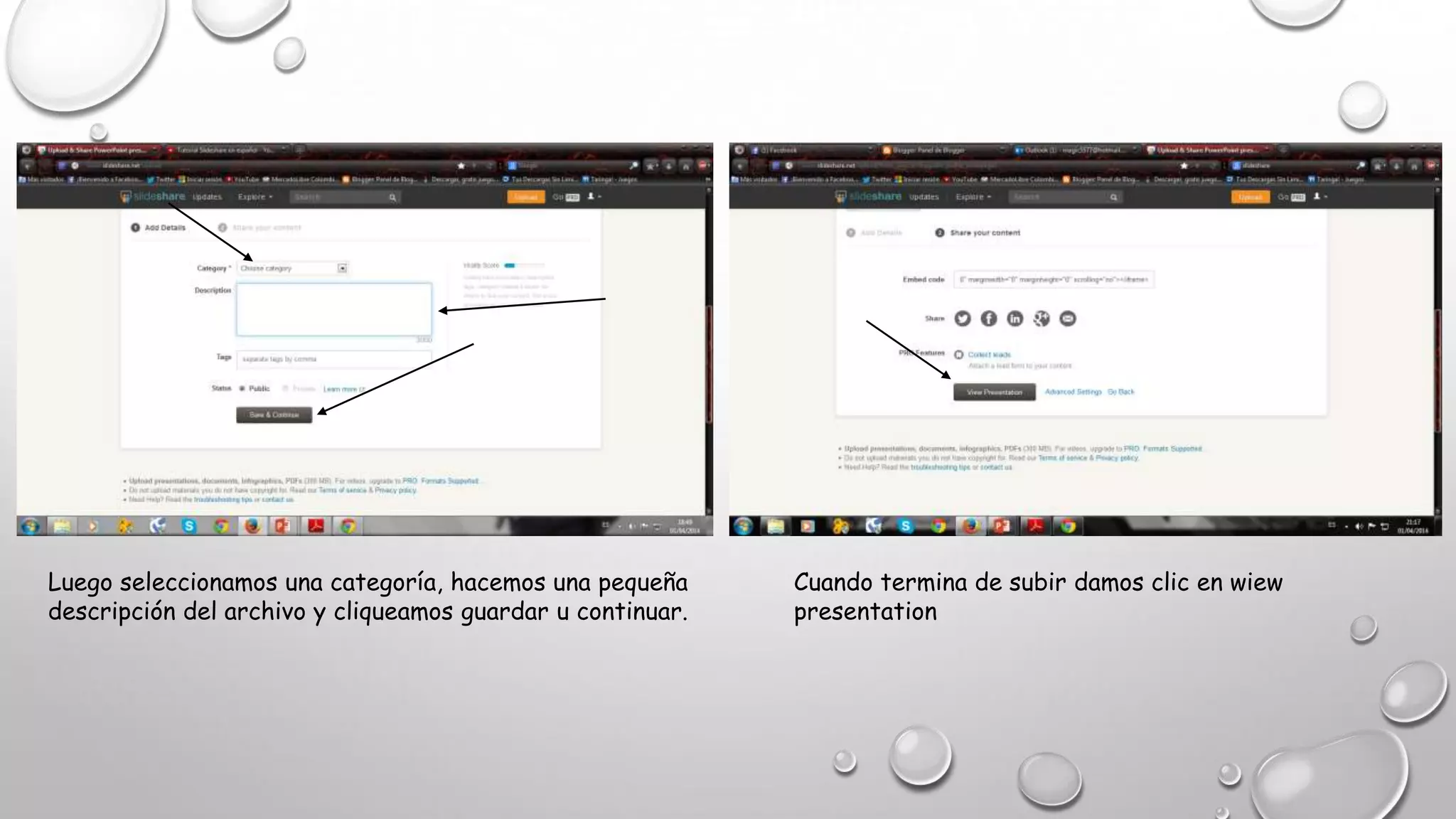 Luego seleccionamos una categoría, hacemos una pequeña
descripción del archivo y cliqueamos guardar u continuar.
Cuando termina de subir damos clic en wiew
presentation
 