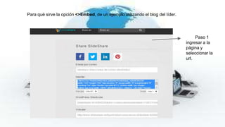 Para qué sirve la opción <>Embed, de un ejemplo utilizando el blog del líder. 
Paso 1 
ingresar a la 
página y 
seleccionar la 
url. 
 