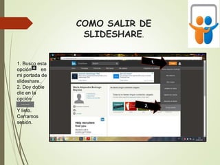 COMO SALIR DE
SLIDESHARE.
1. Busco esta
opción en
mi portada de
slideshare.
2. Doy doble
clic en la
opción
Y listo.
Cerramos
sesión.
 