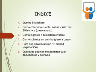 INDICE
1. Que es Slideshare.
2. Como crear una cuenta, entrar y salir de
Slideshare (paso a paso).
3. Como ingresar a Slideshare (video).
4. Como subimos un archivo (paso a paso).
5. Para que sirve la opción <> embed
(explicación).
6. Que otras paginas me permiten subir
documentos y archivos
 
