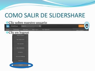 COMO SALIR DE SLIDERSHARE
Clic sobre nuestro usuario
Clic en logout
 