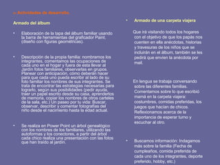 c-  Actividades de desarrollo. Armado del álbum Elaboración de la tapa del álbum familiar usando la barra de herramientas del graficador Paint, (diseño   con figuras geométricas). Descripción de la propia familia: nombramos los integrantes, comentamos las ocupaciones de cada uno en el hogar y fuera de esta llevar al Jardín fotos familiares, observarlas en grupos. Planear con anticipación, cómo deberán hacer para que cada uno pueda escribir al lado de su foto familiar los nombres de sus integrantes. Se trata de encontrar las estrategias necesarias para lograrlo, según sus posibilidades (pedir ayuda, traer un papel escrito desde su casa, aprenderlos de memoria, copiar los nombres de otros carteles de la sala, etc.) Un paseo por tu vida: Buscar, observar, describir y comentar fotografías del niño desde el nacimiento hasta la edad actual.  Se realiza en Power Point un árbol genealógico con los nombres de los familiares, utilizando las autoformas y los conectores, a partir del árbol cada chico realiza una presentación con las fotos que han traído al jardín. Armado de una carpeta viajera   Que irá visitando todos los hogares con el objetivo de que los papás nos cuenten en ella anécdotas, historias y travesuras de los niños que se incluirán en el álbum, también se les pedirá que envíen la anécdota por mail.  En lengua se trabaja conversando sobre las diferentes familias. Comentamos sobre lo que escribió mamá en la carpeta viajera: costumbres, comidas preferidas, los juegos que hacían de chicos. Reflexionamos acerca de la importancia de esperar turno y escuchar al otro.  Buscamos información: Indagamos más sobre la familia (Fecha de cumpleaños, comida preferida de cada uno de los integrantes, deporte preferido, hobby, etc.) 