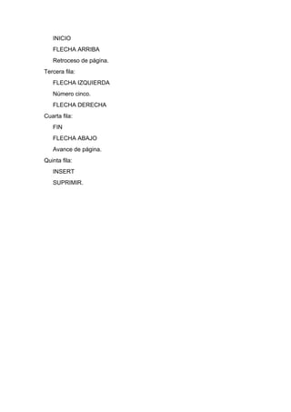 INICIO
   FLECHA ARRIBA
   Retroceso de página.
Tercera fila:
   FLECHA IZQUIERDA
   Número cinco.
   FLECHA DERECHA
Cuarta fila:
   FIN
   FLECHA ABAJO
   Avance de página.
Quinta fila:
   INSERT
   SUPRIMIR.
 