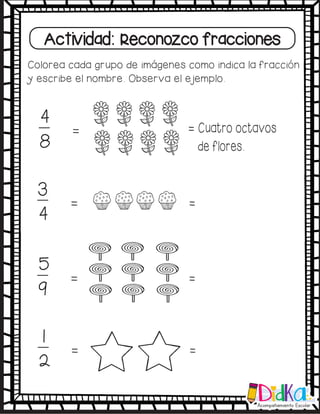 Actividad: Reconozco fracciones
Colorea cada grupo de imágenes como indica la fracción
y escribe el nombre. Observa el ejemplo.
= = Cuatro octavos
de flores.
4
8
1
2
= =
3
4
= =
5
9
= =