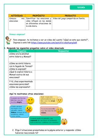 ACTIVIDAD PROPÓSITO PRODUCTO
Conozco mis
emociones
Identificar tus emociones y
cómo influyen en los demás
en diferentes situaciones de
la vida diaria.
Video del juego compartido en familia.
¡Vamos empezar!
Para empezar, te invitamos a ver un video del cuento “¿Qué es esto que siento?”,
Ingresa a este link https://www.youtube.com/watch?v=v6wYuargSw8
1. Responde las siguientes preguntas sobre el video observado
Preguntas Respuestas
¿Cómo era la amistad
entre Valeria y Manuel?
¿Cómo se sintió Valeria
con la llegada de Teresa?
¿Cómo lo expresó?
¿Qué le explicó Valeria a
Manuel acerca de sus
emociones?
Y tú, ¿has experimentado
emociones parecidas?
¿Cómo las expresaste?
Aquí te mostramos otras emociones:
2. Elige 2 situaciones presentadas en la página anterior y responde: ¿Cómo
hubieras reaccionado tú?
TUTORÍA
 
