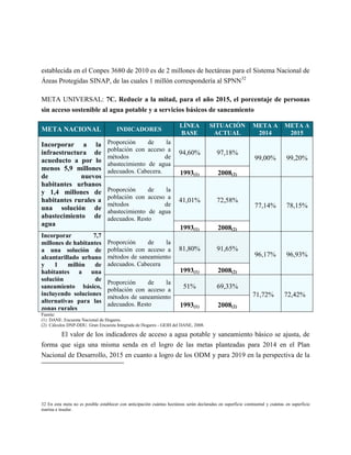 establecida en el Conpes 3680 de 2010 es de 2 millones de hectáreas para el Sistema Nacional de
Áreas Protegidas SINAP, de las cuales 1 millón correspondería al SPNN32

META UNIVERSAL: 7C. Reducir a la mitad, para el año 2015, el porcentaje de personas
sin acceso sostenible al agua potable y a servicios básicos de saneamiento

                                                                         LÍNEA          SITUACIÓN              META A           META A
META NACIONAL                          INDICADORES
                                                                         BASE            ACTUAL                 2014             2015
Incorporar a la                    Proporción     de    la
                                   población con acceso a
infraestructura de                                                      94,60%              97,18%
                                   métodos              de                                                      99,00%           99,20%
acueducto a por lo                 abastecimiento de agua
menos 5,9 millones                 adecuados. Cabecera.
de           nuevos                                                      1993(1)             2008(2)
habitantes urbanos
y 1,4 millones de                  Proporción     de   la
                                   población con acceso a
habitantes rurales a                                                    41,01%              72,58%
                                   métodos             de                                                       77,14%           78,15%
una solución de                    abastecimiento de agua
abastecimiento de                  adecuados. Resto
agua
                                                                         1993(1)             2008(2)
Incorporar         7,7
millones de habitantes             Proporción    de    la
a una solución de                  población con acceso a               81,80%              91,65%
alcantarillado urbano              métodos de saneamiento                                                       96,17%           96,93%
y    1    millón   de              adecuados. Cabecera
habitantes a una                                                         1993(1)             2008(2)
solución            de
                                   Proporción     de   la
saneamiento básico,
                                   población con acceso a                  51%              69,33%
incluyendo soluciones                                                                                          71,72%           72,42%
                                   métodos de saneamiento
alternativas para las
                                   adecuados. Resto                      1993(1)             2008(2)
zonas rurales
Fuente:
(1) DANE. Encuesta Nacional de Hogares.
(2) Cálculos DNP-DDU. Gran Encuesta Integrada de Hogares - GEIH del DANE, 2008.

      El valor de los indicadores de acceso a agua potable y saneamiento básico se ajusta, de
forma que siga una misma senda en el logro de las metas planteadas para 2014 en el Plan
Nacional de Desarrollo, 2015 en cuanto a logro de los ODM y para 2019 en la perspectiva de la




32 En esta meta no es posible establecer con anticipación cuántas hectáreas serán declaradas en superficie continental y cuántas en superficie
marina e insular.
 