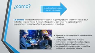¿cómo? A partir de la generación 
de seis estrategias. 
La primera consiste en fomentar la innovación en el aparato productivo colombiano a través de un 
portafolio o conjunto integral de instrumentos que tenga los recursos y la capacidad operativa 
para dar el apoyo necesario y suficiente a empresarios e innovadores. 
 optimizar el funcionamiento de los instrumentos 
existentes. 
 acompañado del desarrollo de nuevos 
instrumentos como consultorías tecnológicas. 
 adaptación de tecnología internacional. 
 compras públicas para promover innovación y 
unidades de investigación aplicada. 
 