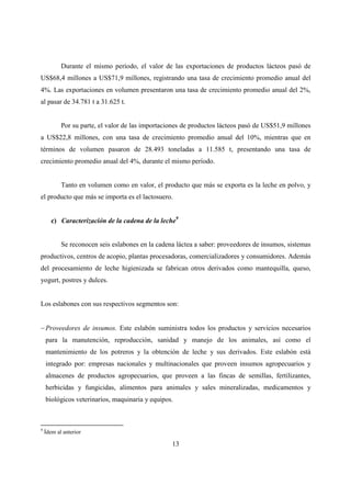 Durante el mismo período, el valor de las exportaciones de productos lácteos pasó de
US$68,4 millones a US$71,9 millones, registrando una tasa de crecimiento promedio anual del
4%. Las exportaciones en volumen presentaron una tasa de crecimiento promedio anual del 2%,
al pasar de 34.781 t a 31.625 t.


           Por su parte, el valor de las importaciones de productos lácteos pasó de US$51,9 millones
a US$22,8 millones, con una tasa de crecimiento promedio anual del 10%, mientras que en
términos de volumen pasaron de 28.493 toneladas a 11.585 t, presentando una tasa de
crecimiento promedio anual del 4%, durante el mismo período.


           Tanto en volumen como en valor, el producto que más se exporta es la leche en polvo, y
el producto que más se importa es el lactosuero.


       c) Caracterización de la cadena de la leche9


           Se reconocen seis eslabones en la cadena láctea a saber: proveedores de insumos, sistemas
productivos, centros de acopio, plantas procesadoras, comercializadores y consumidores. Además
del procesamiento de leche higienizada se fabrican otros derivados como mantequilla, queso,
yogurt, postres y dulces.


Los eslabones con sus respectivos segmentos son:


− Proveedores de insumos. Este eslabón suministra todos los productos y servicios necesarios
    para la manutención, reproducción, sanidad y manejo de los animales, así como el
    mantenimiento de los potreros y la obtención de leche y sus derivados. Este eslabón está
    integrado por: empresas nacionales y multinacionales que proveen insumos agropecuarios y
    almacenes de productos agropecuarios, que proveen a las fincas de semillas, fertilizantes,
    herbicidas y fungicidas, alimentos para animales y sales mineralizadas, medicamentos y
    biológicos veterinarios, maquinaria y equipos.



9
    Ídem al anterior

                                                  13
 